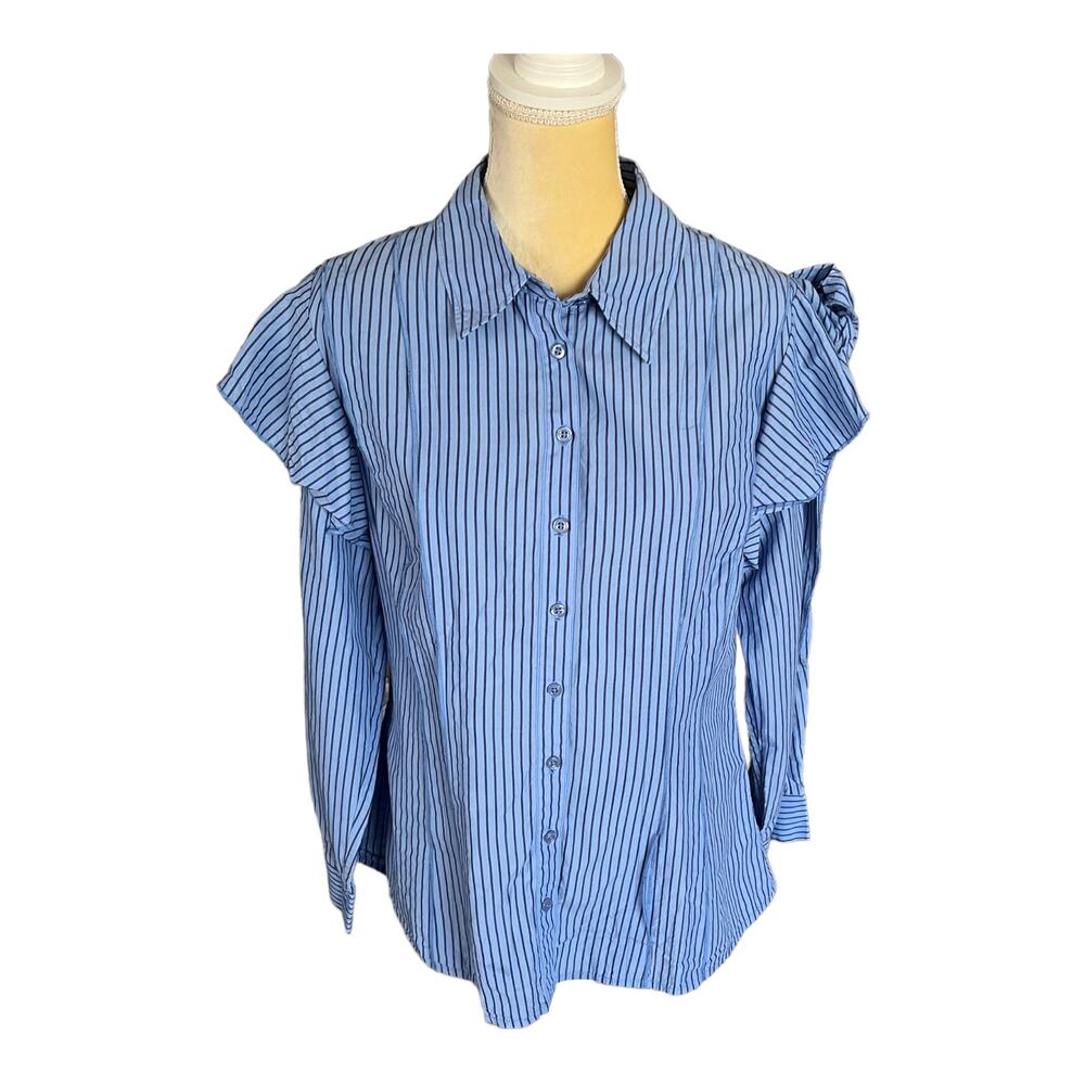 Koche Collective Blue Ruffle Pinstripe Button Down Stripe Shirt Top Size 46 L/XL